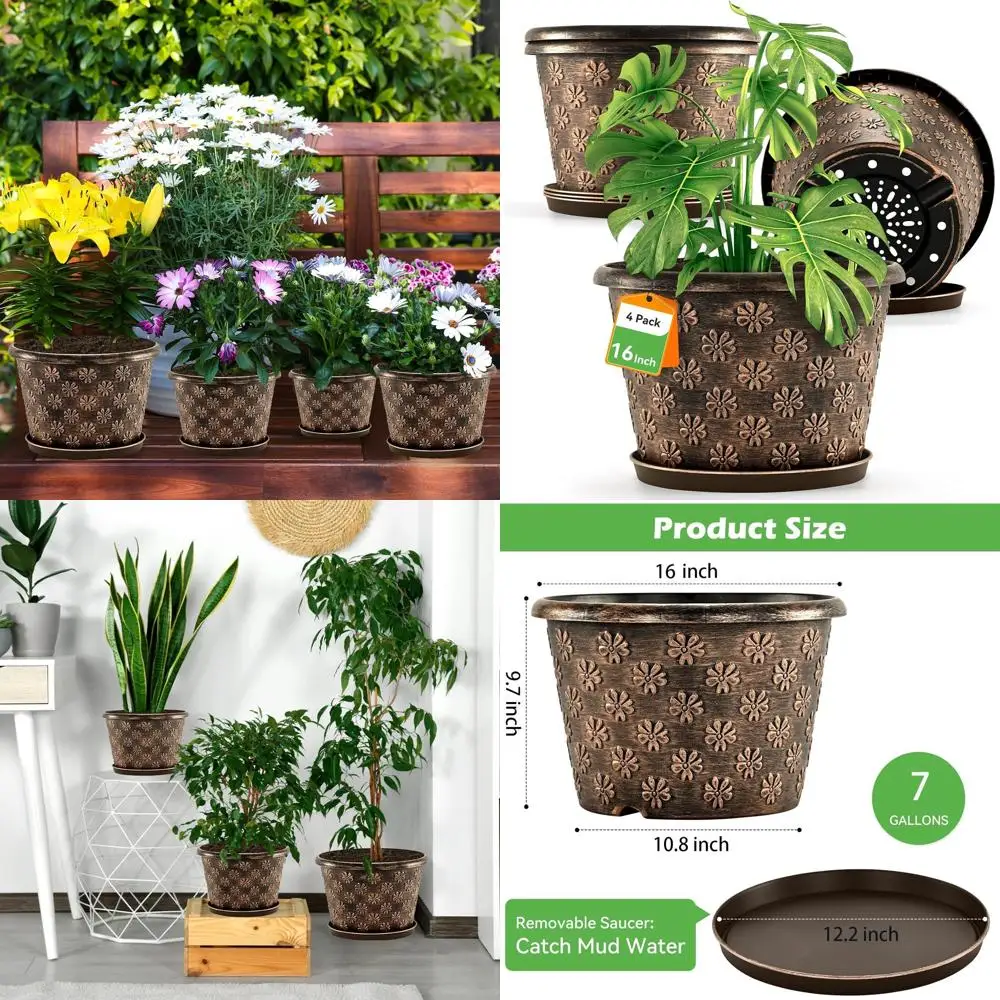 

16 Inch Multi-Use Plastic Plant Pots, 4-Pack with Drainage & Removable Saucers, Suitable for Indoor & Outdoor Gardens
