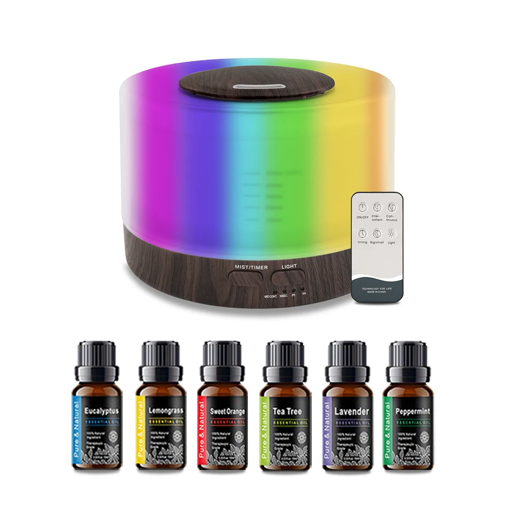 

550ml Wood Grain Essential Oil Diffuser with Remote Control | Ultrasonic Humidifier & 7-Color LED Mood Light (Includes 6 Premium