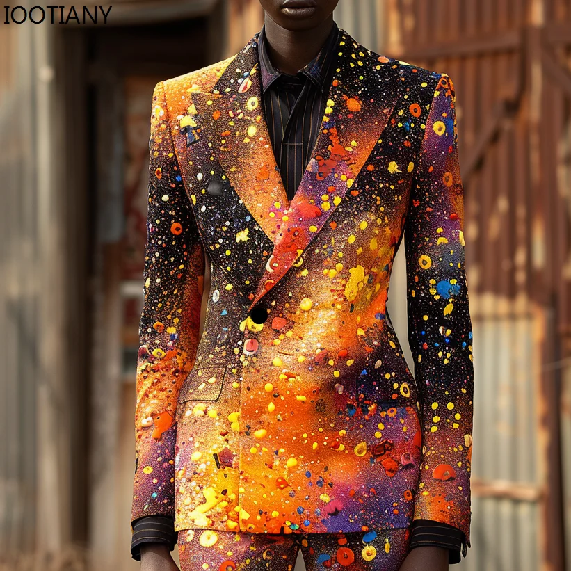 Men\'s Colorful Painting Suit British Men\'s Suit Jackets And Pants Nightclub Stage Cool Performance Suits Wedding Banquet Suits