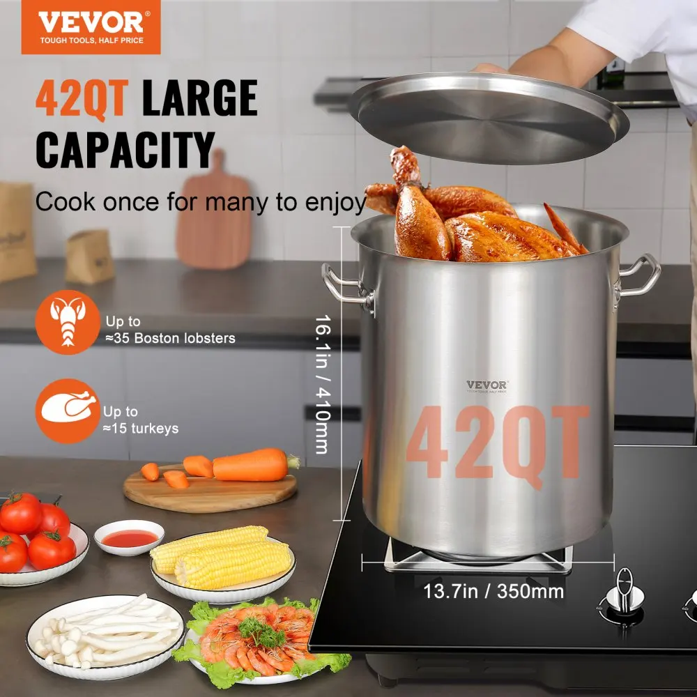 VEVOR Stainless Steel Stockpot Large Cooking Pots Multipurpose Cookware Sauce Pot with Lid & Handle Commercial Grade Stock Pot