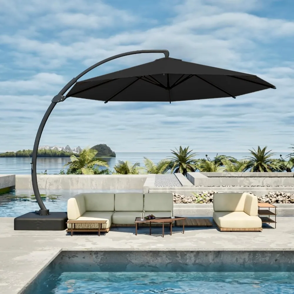 

11FT Cantilever Umbrella, with Base Large Curvy Outdoor Aluminum Offset Umbrella w/ 360° Rotation, UV Resistant Canopy