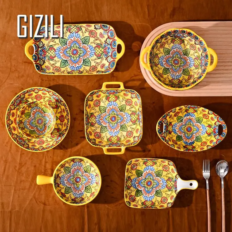 Bohemia Style Ceramic Dinnerware Food Plate Household Salad Bowl Dinner Plate Binaural Bakeware Tableware Set Kitchen Utensils