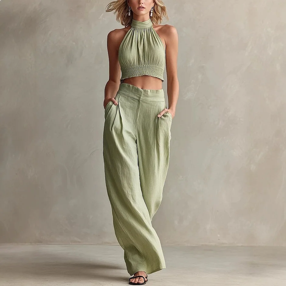 

Summer Matching Set: Sleeveless Halter Vest Top & Long Pants Jumpsuit Playsuit