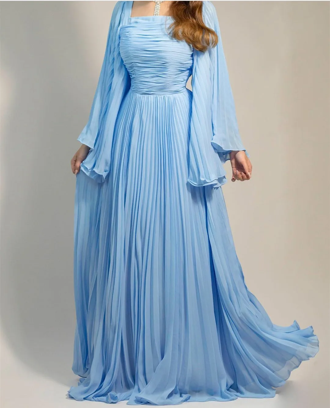 

BridalAffair Light Blue Chiffon Muslim Evening Dresses A-Line Pleated Zipper Back Floor Length Robe De Mariée Party Gowns