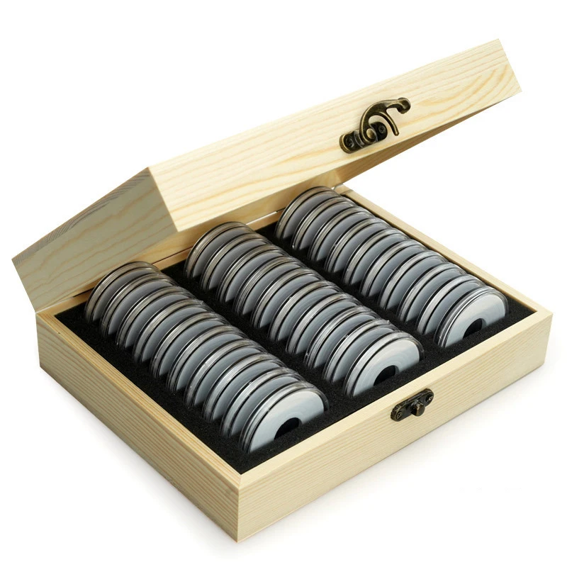 ABWR-Wooden Coin Display Storage Box Case For Coin Collectible With 30 Capsules Coins Display Box