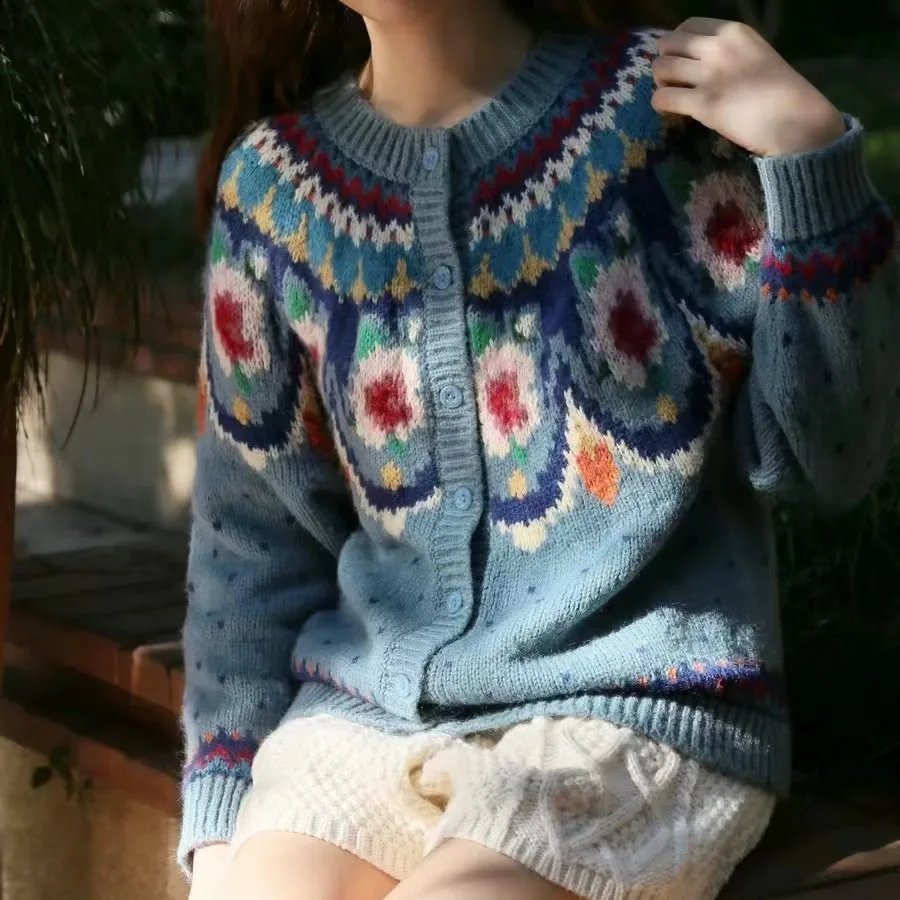 

Sli Warm Knitted Fair Isle Sweater Coat Lazy Matching All Seasons Women's Faionable Cardigan Korean Sle Spring Autumn...