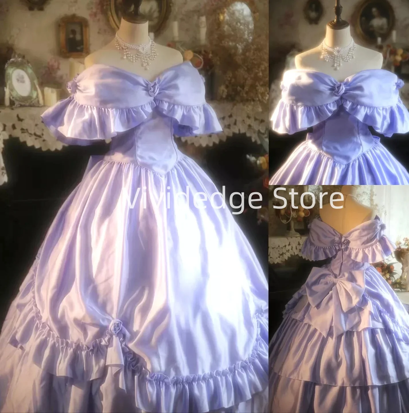 Vestidos de novia Vintage lavanda personalizados satén victoriano con lazo volantes vestidos de novia vestidos de novia de talla grande