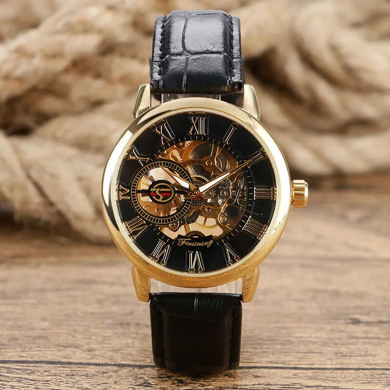 FORSINING Roman Numerals Leather Strap Hand Winding Mechanical Men Wrist Watch