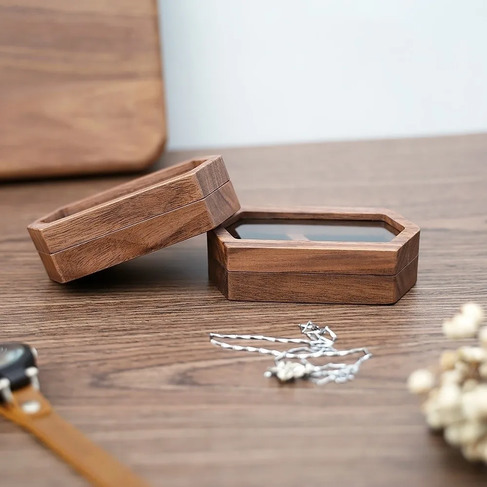 Vintage Hexagon Wooden Ring Box Proposal Gift Double Seat Engagement Ring Holder Velvet Lined Earring Ring Case