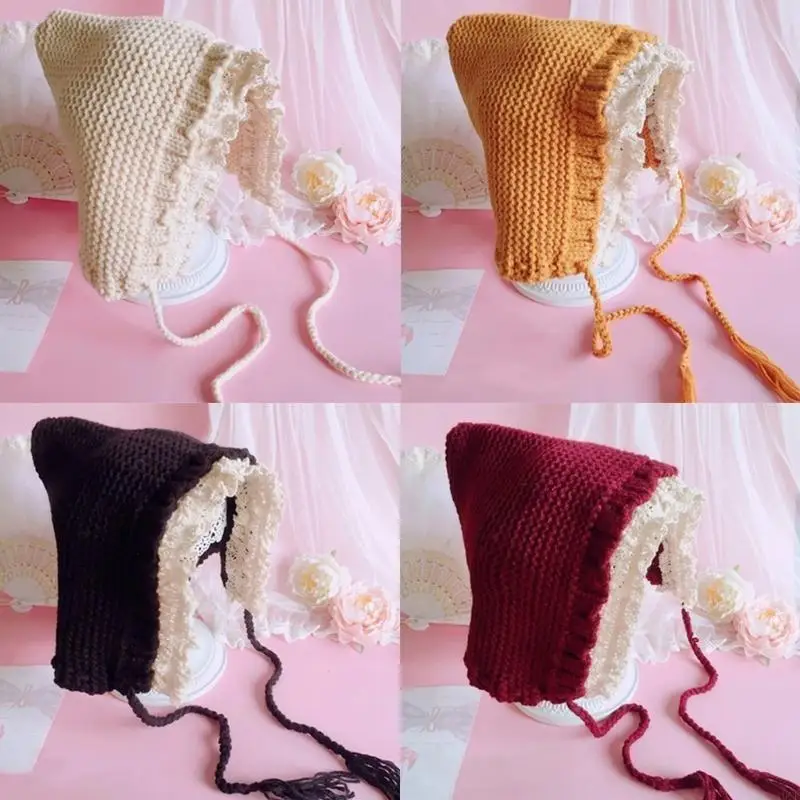 قبعة الشتاء المحبوكة للحماية، قبعة دافئة، قبعة كاجوال بحافة دانتيل للفتيات