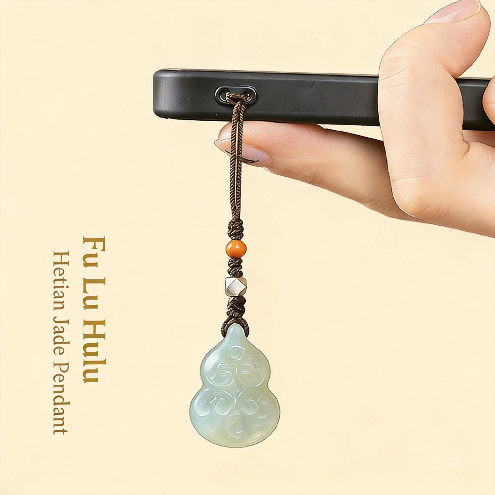 

Natural Hetian Jade Gourd Phone Lanyard Chinese Style Carved Auspicious Cloud Pattern Lucky Fortune Blessing Pendant Good Luck