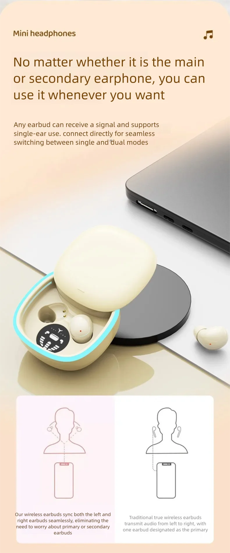 Mini Auricolari Bluetooth 5.4 Sonno Active con cancellazione del rumore Auricolare Musica Auricolare Hi-Fi Cuffie per dormire wireless a lunga durata