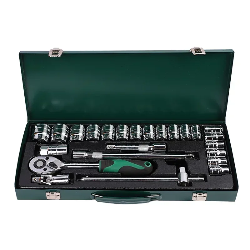 24-piece red and green iron box car repair tool box and ratchet wrench socket set mechanic tools set box