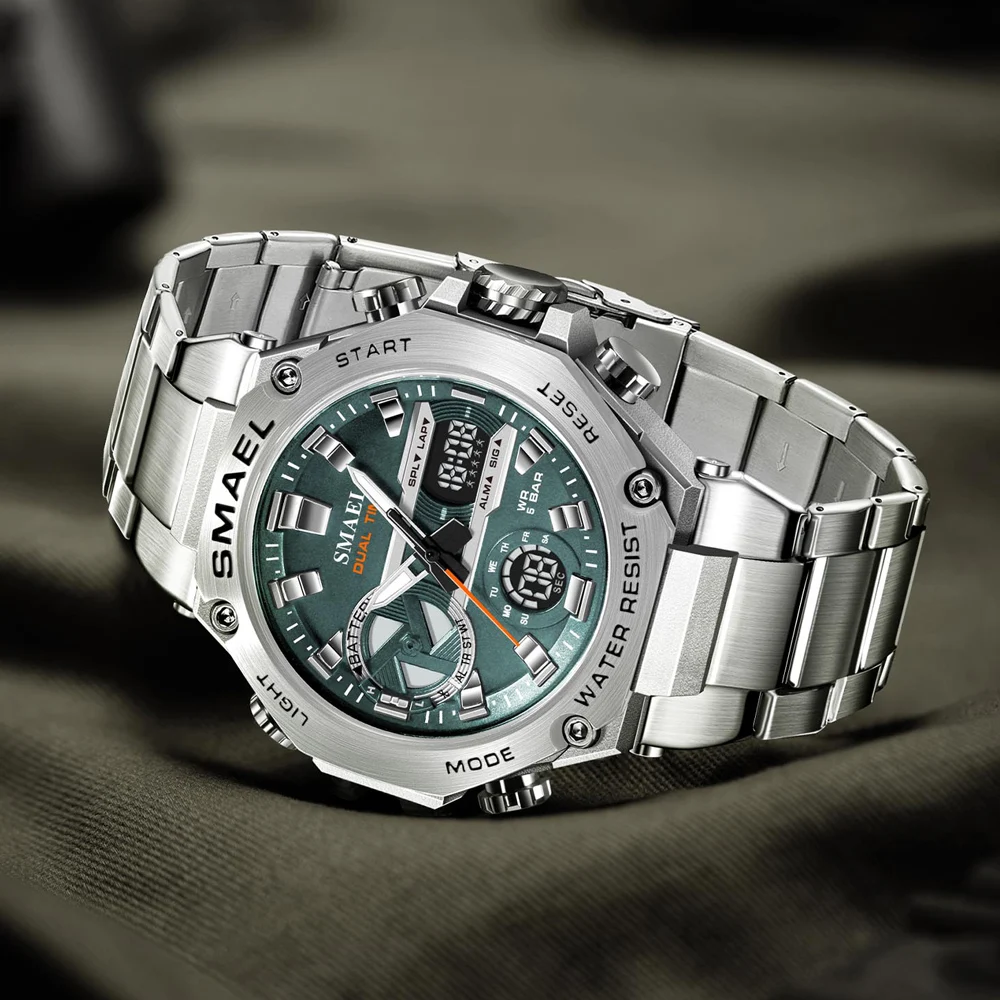 SMAEL مشاهدة الرجال العلامة التجارية الفاخرة الفضة الفولاذ المقاوم للصدأ الرياضة الذكور ساعة رقمية التناظرية الكوارتز العسكرية مقاوم للماء ساعات المعصم