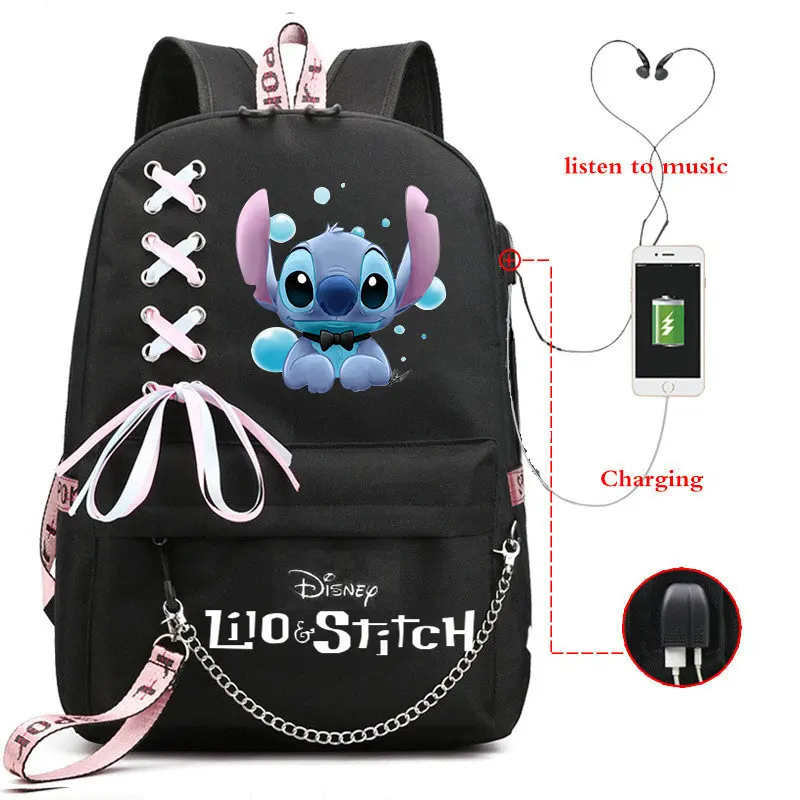 Cartoon Stitch Backpacks Women Men Student USB Charge Canvas Backpack  Print School Bag Teenager Girls Ribbons Mochila