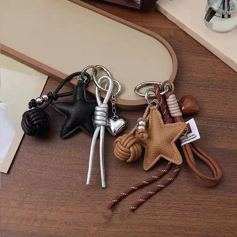 PU Leather Five Pointed Star Bag Pendant Woven Rope Hanging Leather Star Keychain Trinket  Star and Ball Pendant Charm