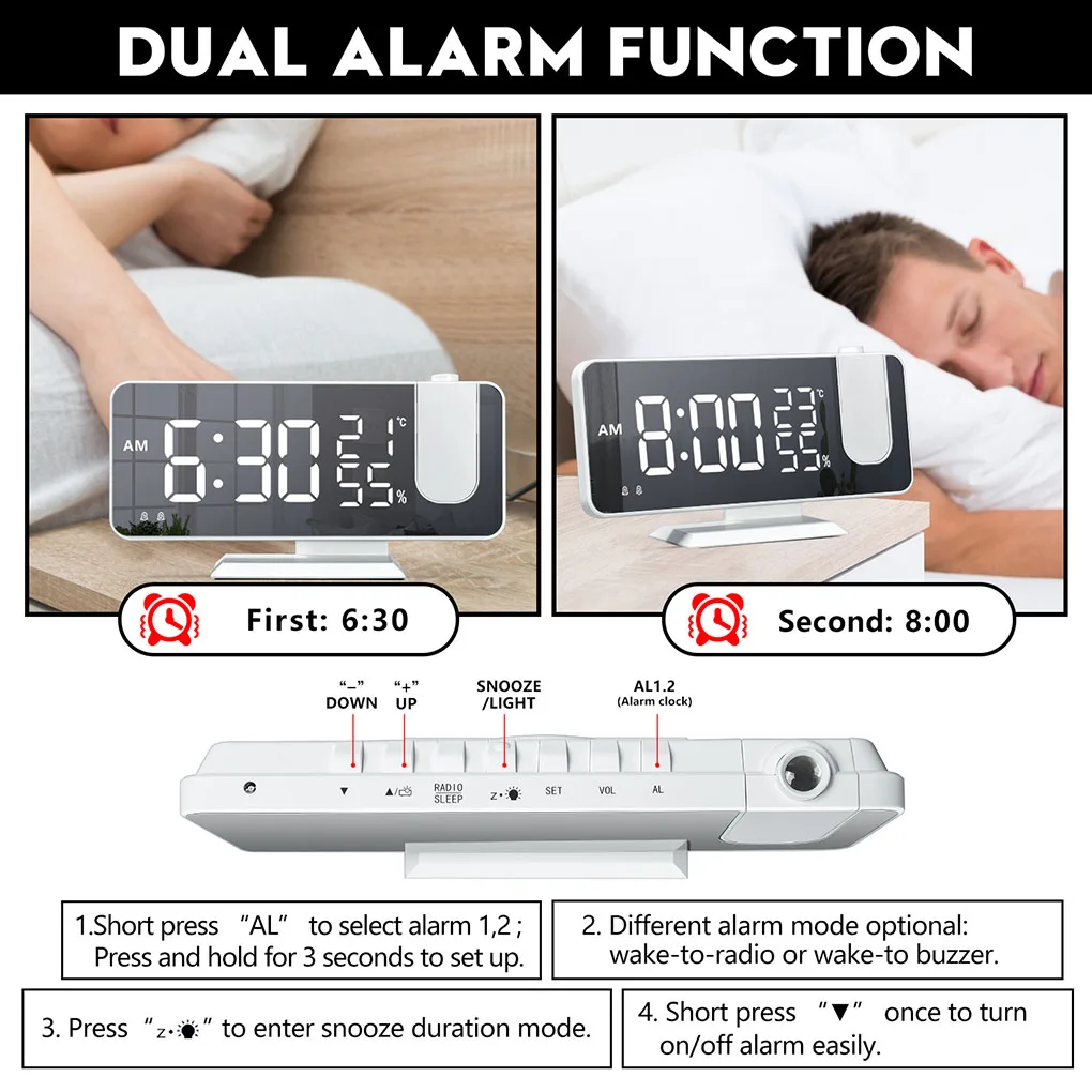 Digital Clock Thermometer Hygrometer Clock Projector Radio Temperature Humidity Meter, Black Background, White Font