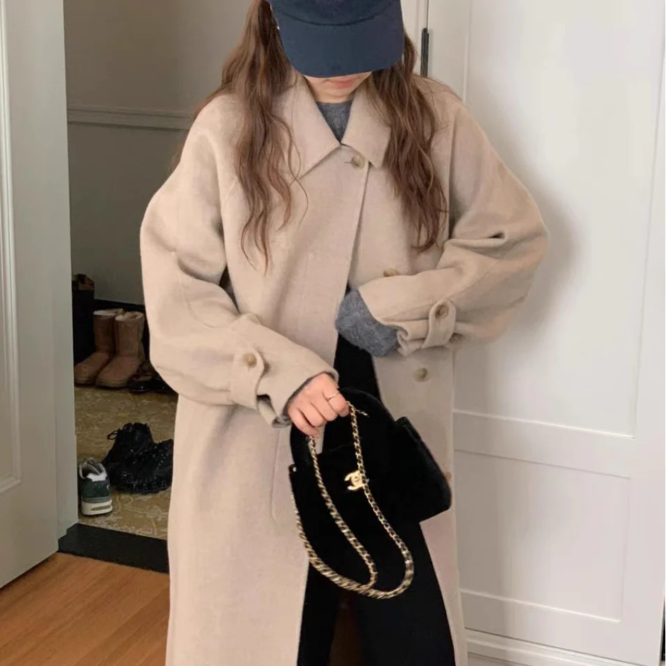 

Ele Pure Color длинное пальто Ounce2025 осень-зима приталенный отложной воротник верхняя одежда на одной пуговице для женщин поездок на работу Sle