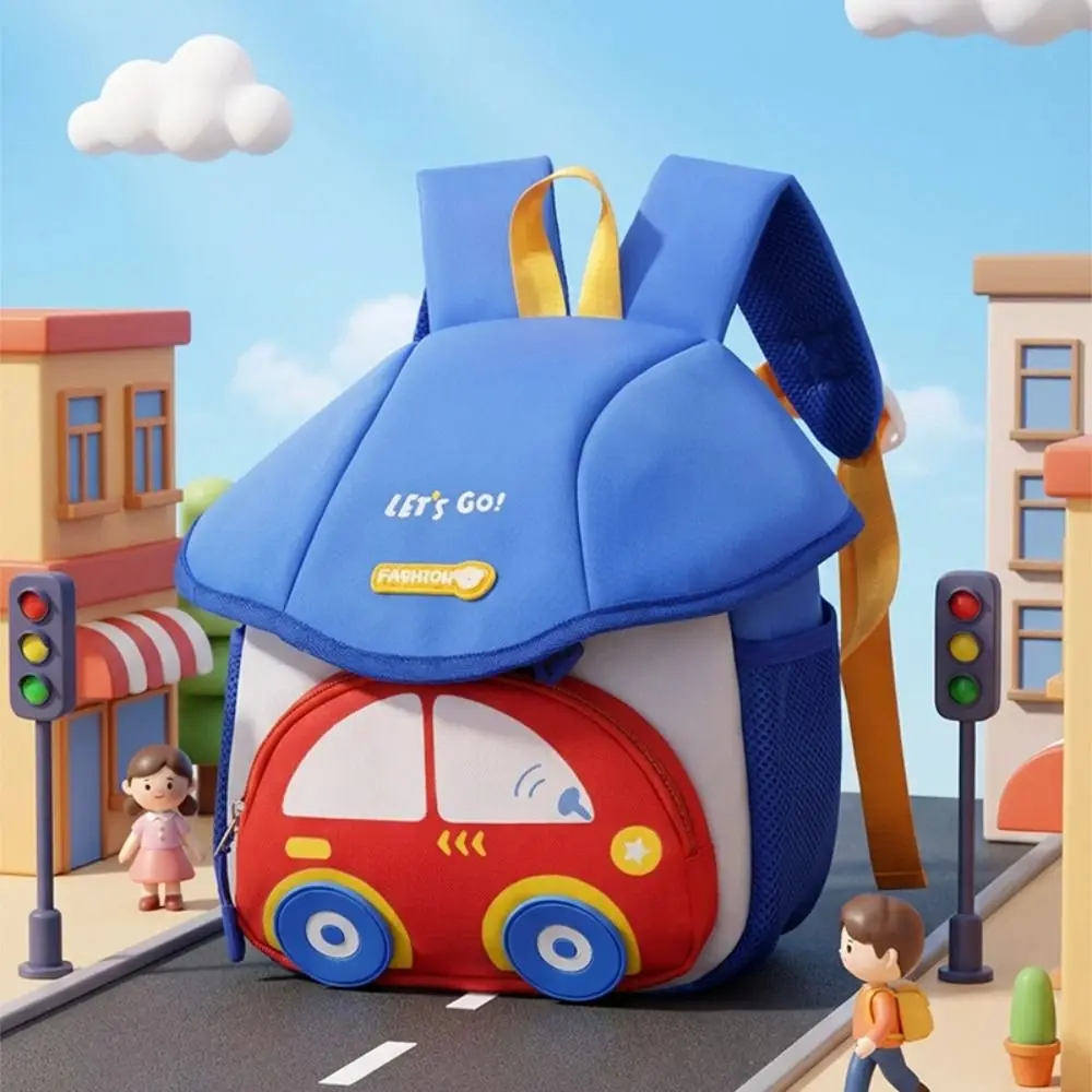 Cute Car Shape Kindergarten Schoolbag Adjustable Large Capacity Schoolbag Side Pockets Breathable Unisex Backpack Boys Girls