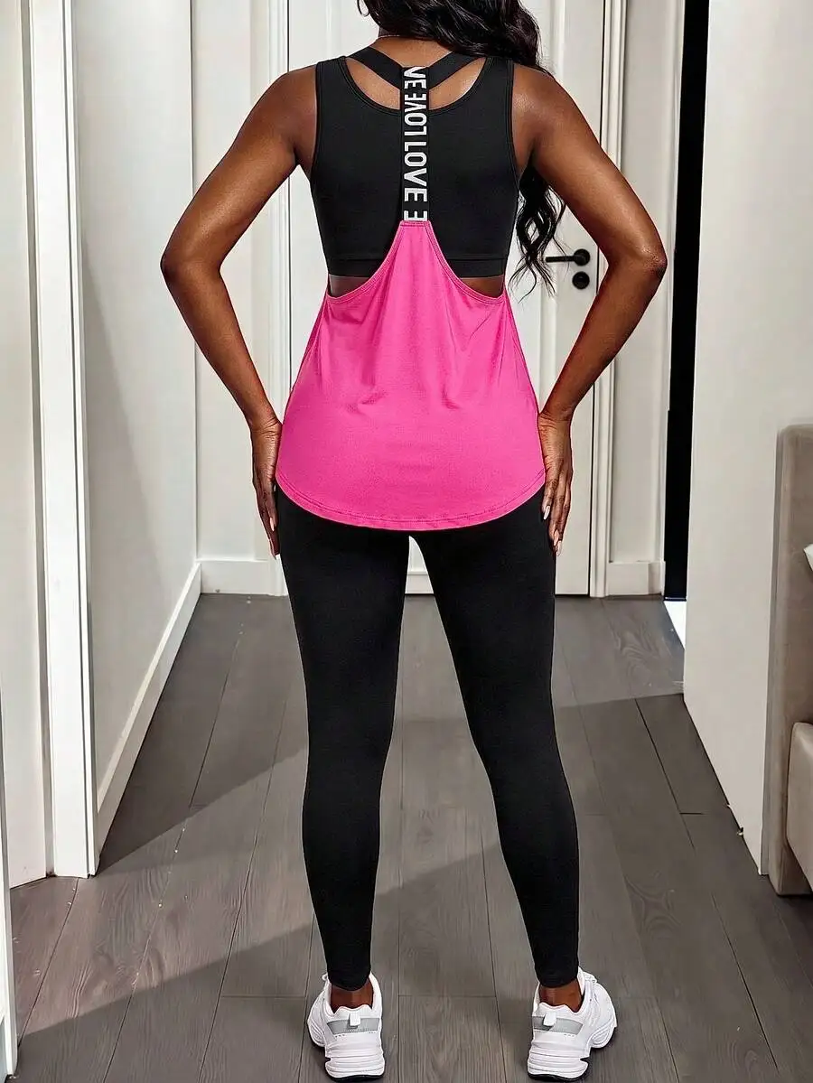 

Asymmetrical Hem Halter Tank Top With Contrast Color Leggings 3 Piece Workout Set Pink Gym Outfit
