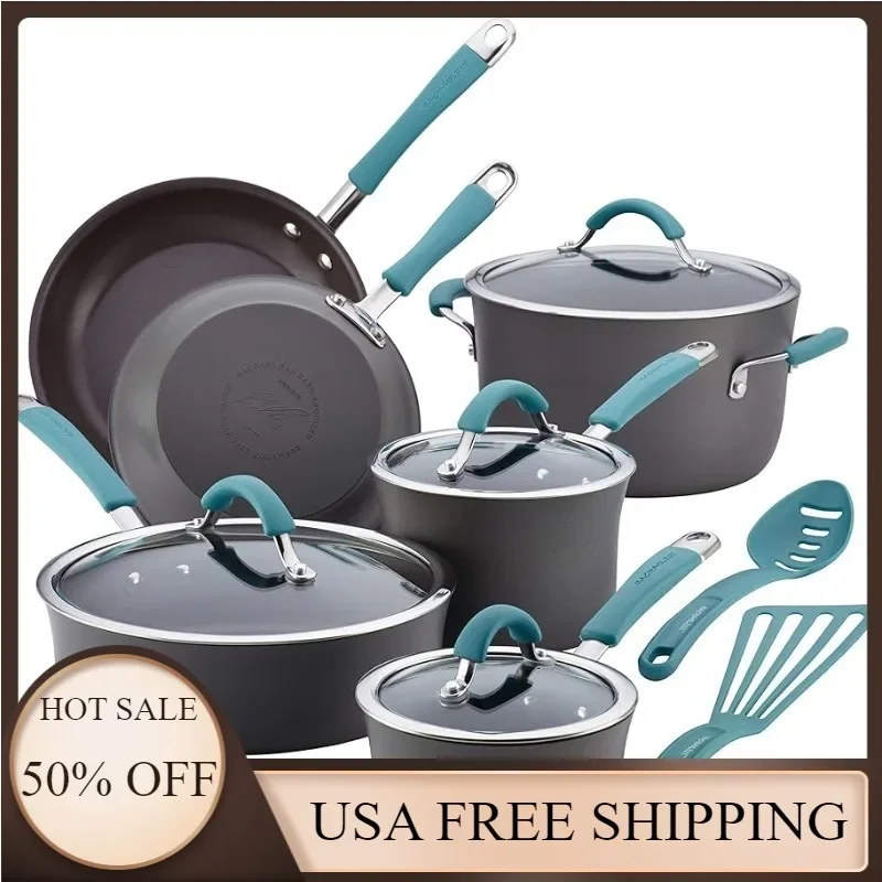 

12 Piece Rachael Ray Cucina Hard Anodized Nonstick Cookware Pots and Pans Set, Gray with Blue Handles