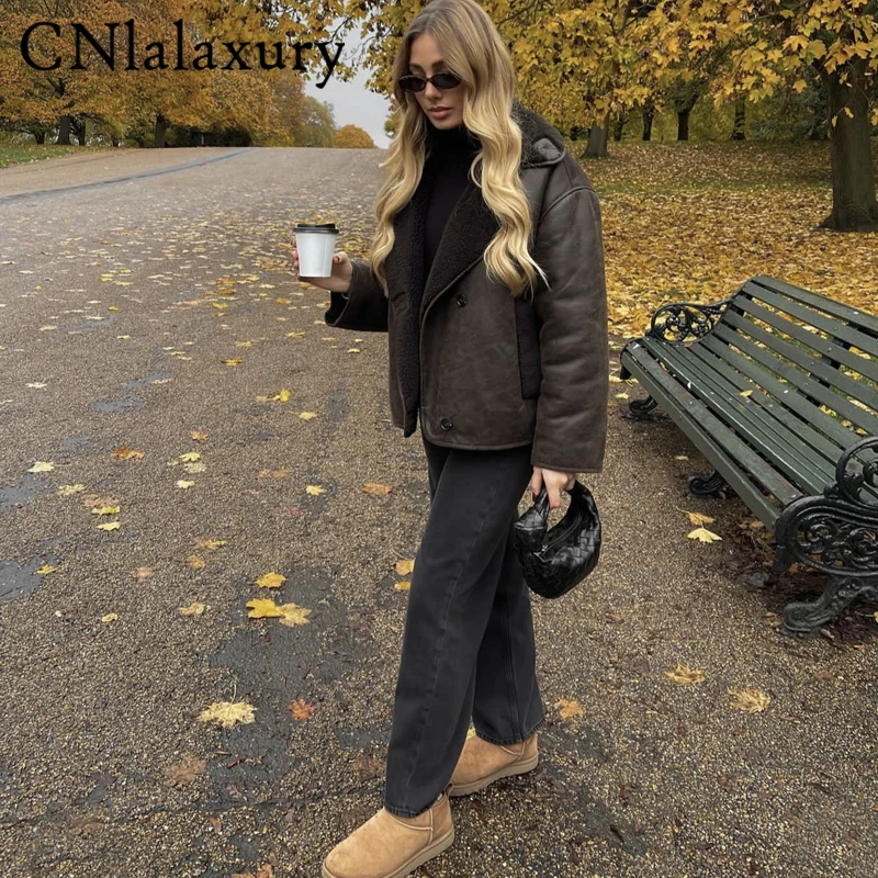 CNlalaxury Winter Frauen Lamm Wolle Dicke Jacke Vintage Faux Leder Outwear Einreiher Taschen Streetwear Warme Jacken