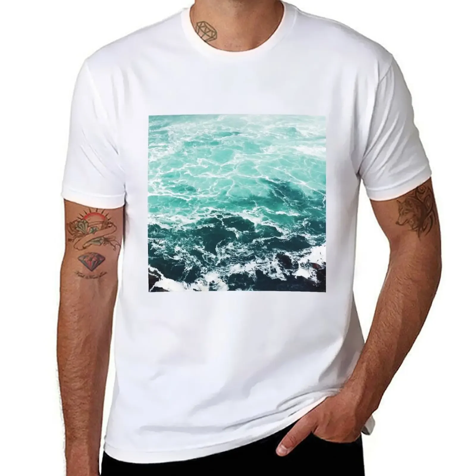 2024summer clothes anime boys whites men Blue Ocean Summer Beach Waves T-Shirt Short Sleeve Cotton heavyweight Informal Hot Sale