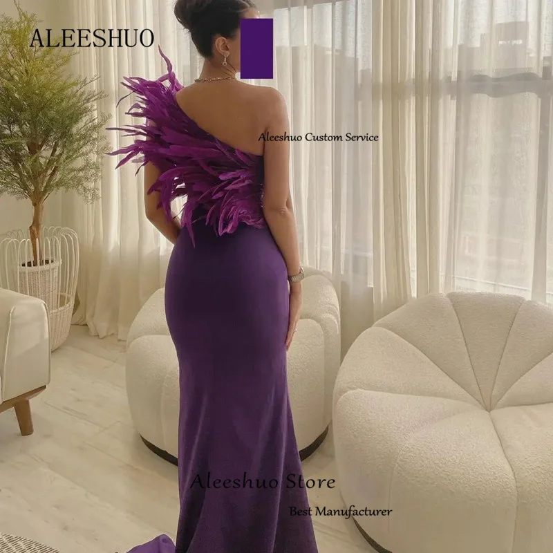 Aleeshuo-vestido de fiesta de sirena de satén morado, vestidos de fiesta con plumas plisadas y un hombro, vestido de fiesta sin mangas, personalizado