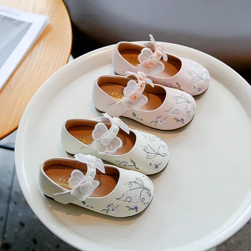 2024 Spring New Childre Flats Leather Shoes for Girls Chinese Ancient Clothing Princess Small Leather Shoes Embroidered Shoes