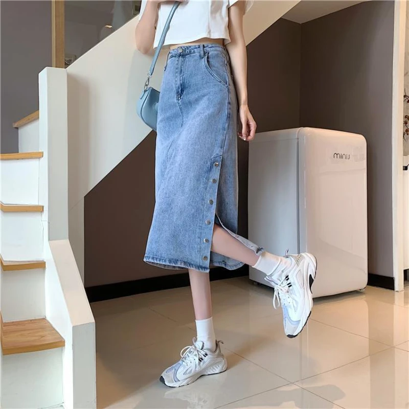 

Woman Vintage Slim Skirts Autumn Female Stretch Slit Mid-length Denim Office Ladies High Waist Streetwear G470