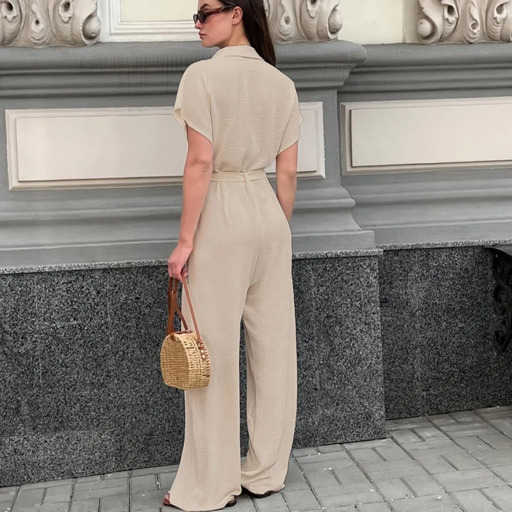 TWOTWINSTYLE – combinaison kaki légère pour femmes, décontractée, revers, manches courtes, taille haute, jambes larges, avec lacets