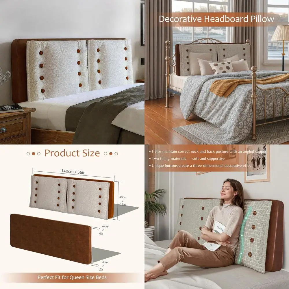 

Queen Size Wedge Headboard Pillow in Beige Faux Leather for Bed Back Support and Reading Comfort