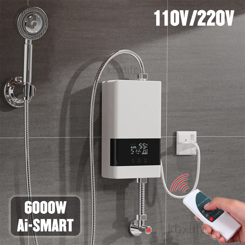 110V 220V Instant Water Heater Bathroom Kitchen Wall Mounted Electric Water Heater LCD Temperature Display with Remote Control