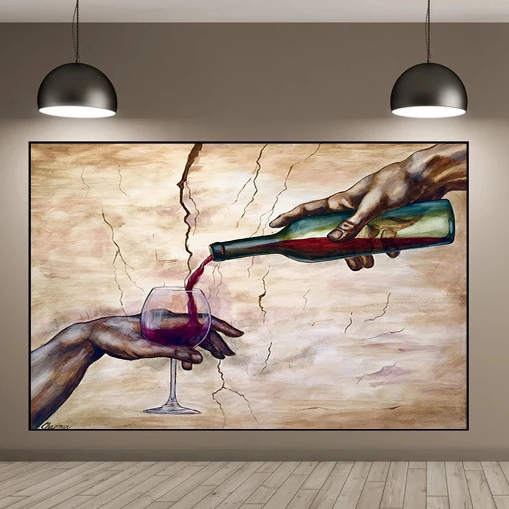 Famous Art The Creation of Adam Red Wine In Hand Poster Michelangelo Prints Canvas Painting Wall Art Pictures Modern Home Decor