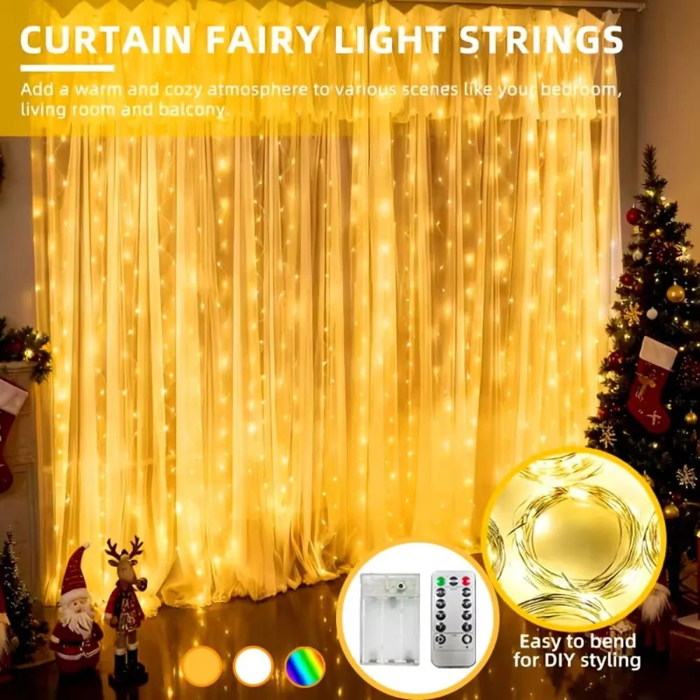 Battery Powered Bendable Curtain Fairy String Lights for Bedroom Living Room Christmas Holiday Festive Room Window Decor