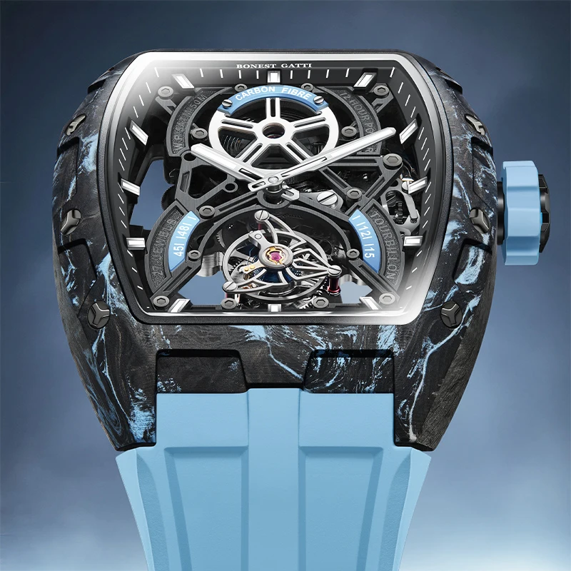 BONEST GATTI 2026 New Men's Tourbillon Watch Skeleton Fully Automatic Watch Carbon Fiber Luminous Case Tonneau-Shaped Watch