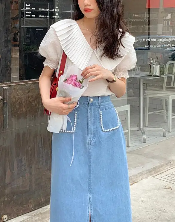 High Waist Women Denim Skirt,Double Pocket Decoration One breasted Split Wrap Hip A-line Skirts