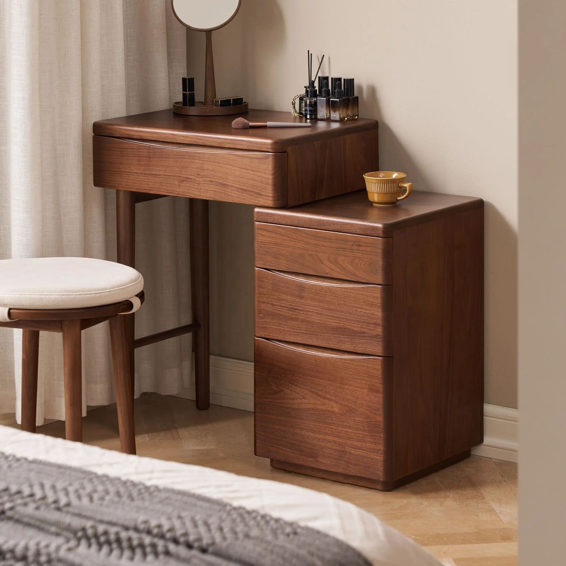 Modern Adjustable Dresser Set with 3 Drawer Solid Black Walnut Bedside Table, Bedside Table Bedroom