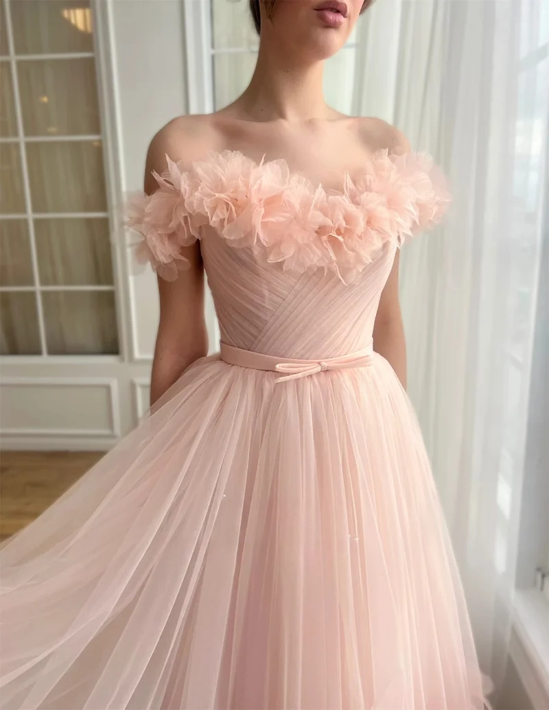 Elegant Party Womens Dresses Flowers Medium Length Line A Fairy Skirt Pink Graduation Gown Gala Dress Women