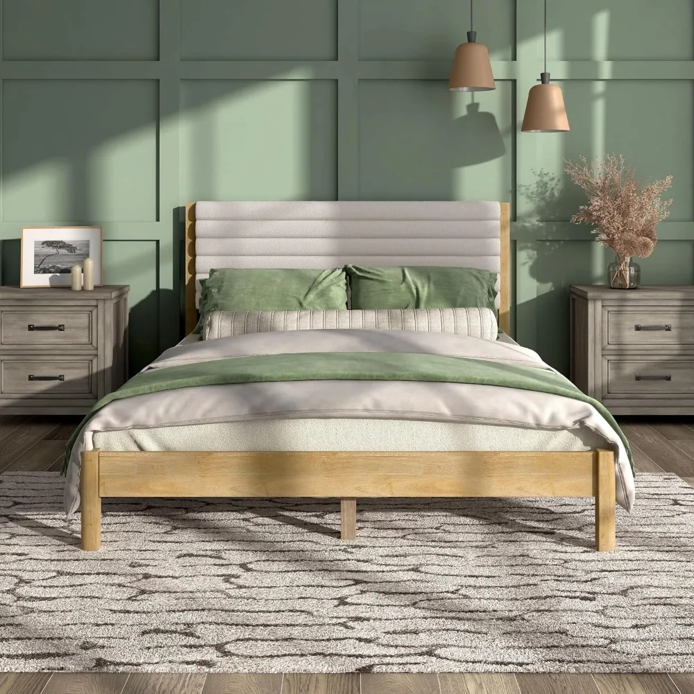 Queen Platform Bed Frame with Horizontal Channel Tufted Headboard and Solid Wood Slats for Bedroom and Guest Room