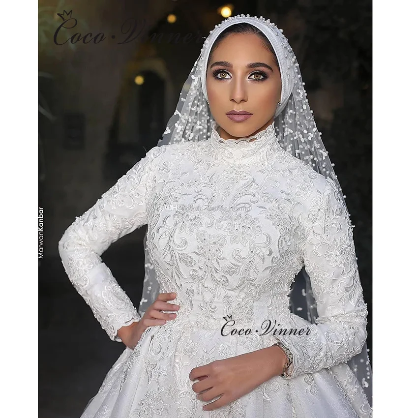 فساتين زفاف عربية إسلامية مخصصة 2025 بأكمام كاملة مع بطانة برقبة عالية ثوب زفاف دبي للنساء W1361