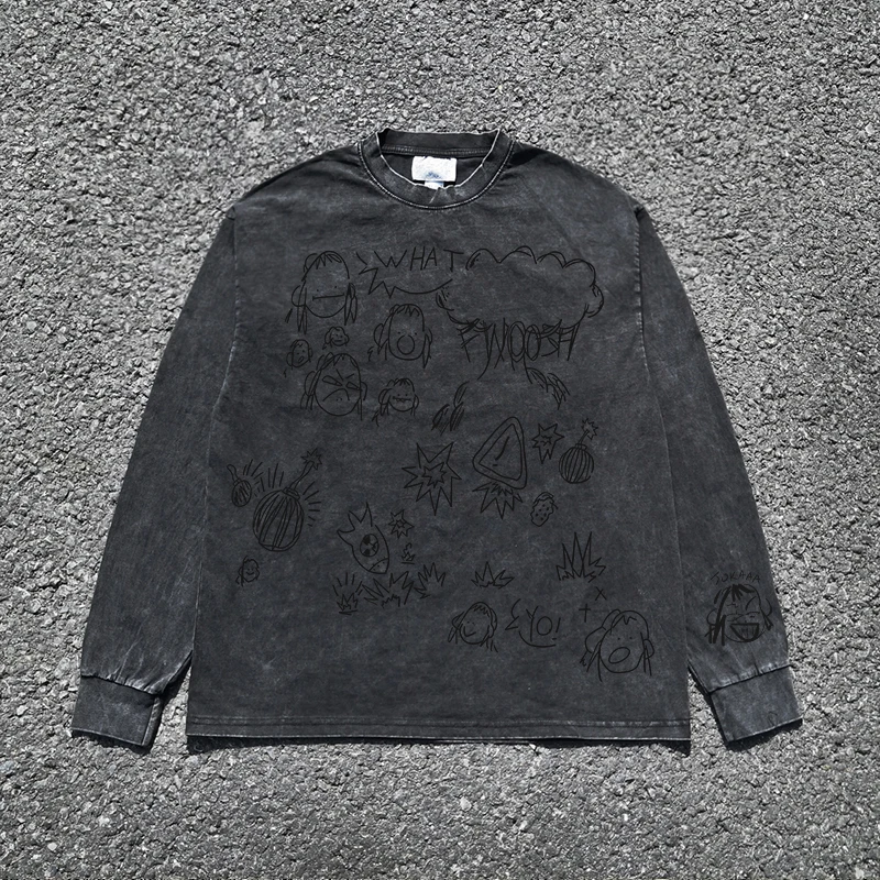Visual Style Graffiti Long Sleeve T-Shirt Vintage Washed Lazy Style Youth Fashion Cotton Breathable round Neck Car Pattern