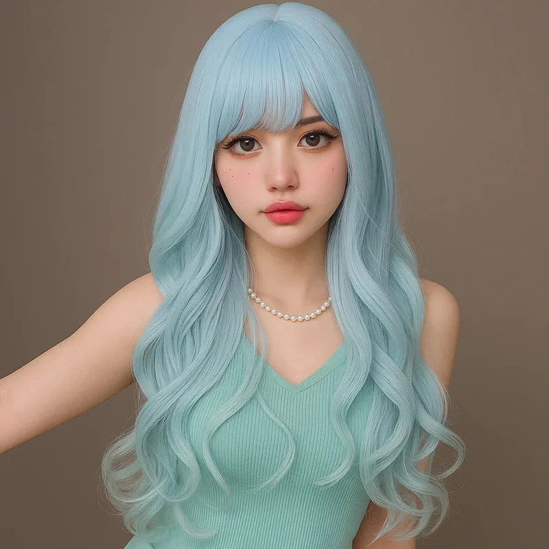 26 inch stylish and elegant sky blue long wave synthetic wig, suitable for women's parties, dances, festivals and daily use