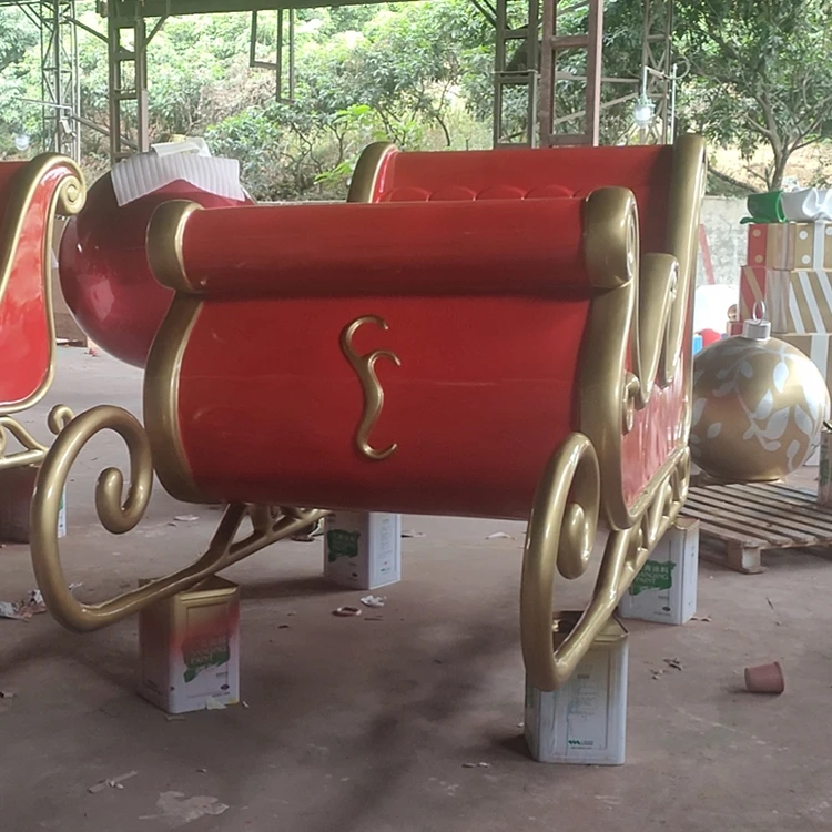 300cm Life Size Fiberglass Santa Sleigh, Giant Reindeer Christmas Sled for Commercial Outdoor Mall Decoration