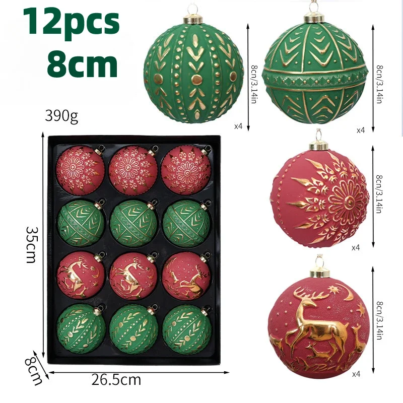 12pcs 8cm Retro Christmas Ball Ornaments Light Luxury Christmas Tree Party Decoration New Christmas Spheres Pendant Set