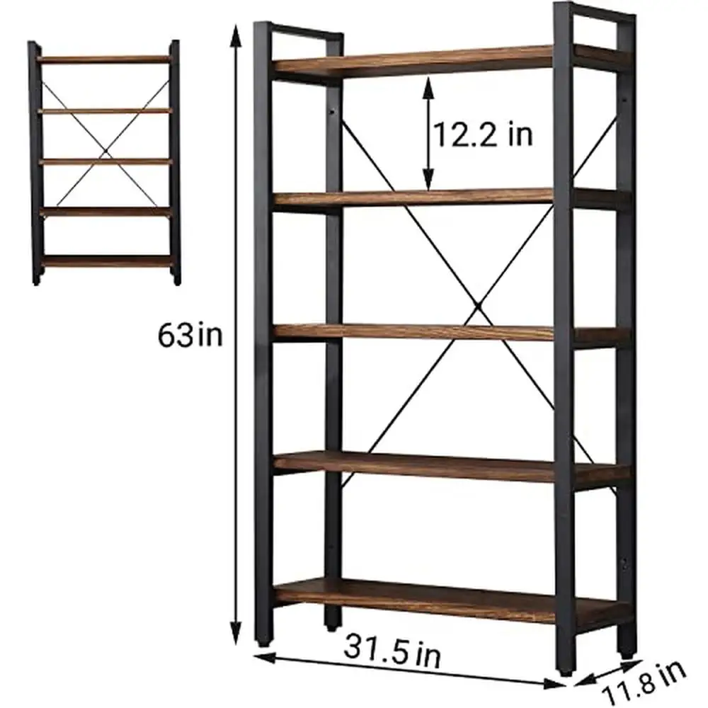 Bibliothèque Vintage Industrielle en Bois Massif à 5 Niveaux, Étagère, Grattage Degré, Rétro, Marron, group, 5 Étagères, 31.5 "x 62.9