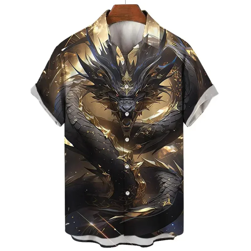 Dragon Pattern Hawaiian Shirt For Men Exquisite 3D Print Short Sleeve Blouse Street Casual Beach Lapel Tops Loose Aloha Shirts