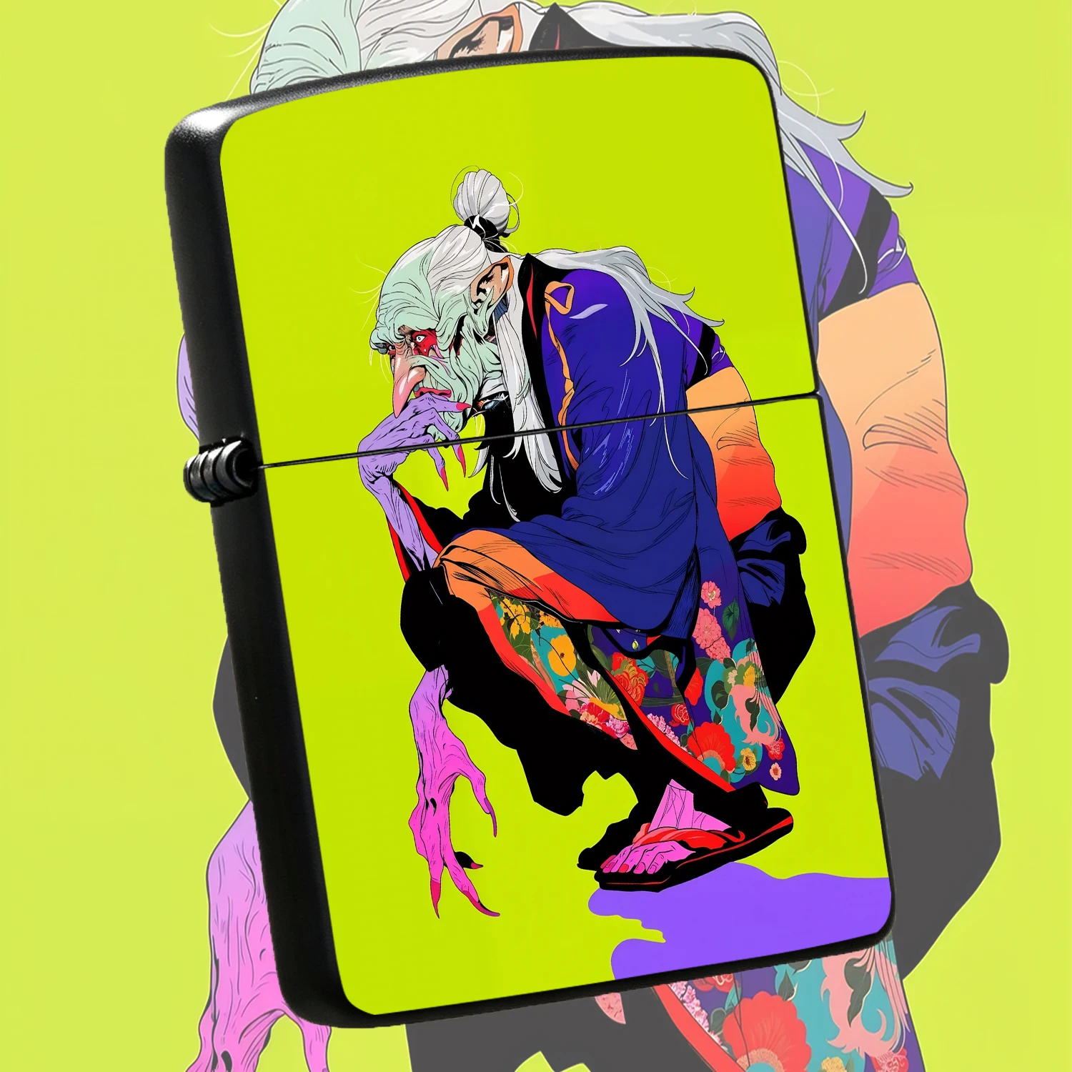 Trendy Ukiyo-E Style Weird Elder Pattern Lighter, Vibrant Art Printed Portable Igniter, Stylish Accessory For Daily Use, Outdoor Activities, Candle Incense Lighting, Unique Gift Choice For All Scenarios Interesting And Humorous Lighters
