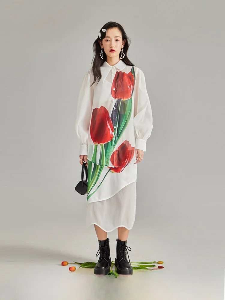 

Оригинальный дизайн: женская полупрозрачная блузка с принтом в виде масляной живописи и цветов тюльпана для ранней осени.