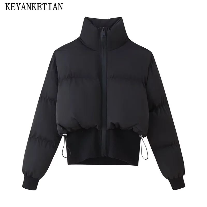 

KEYANKETIAN, новая зимняя женская короткая хлопковая куртка с высоким воротником и молнией спереди, длинным рукавом и эластичной резинкой на талии, женское пальто